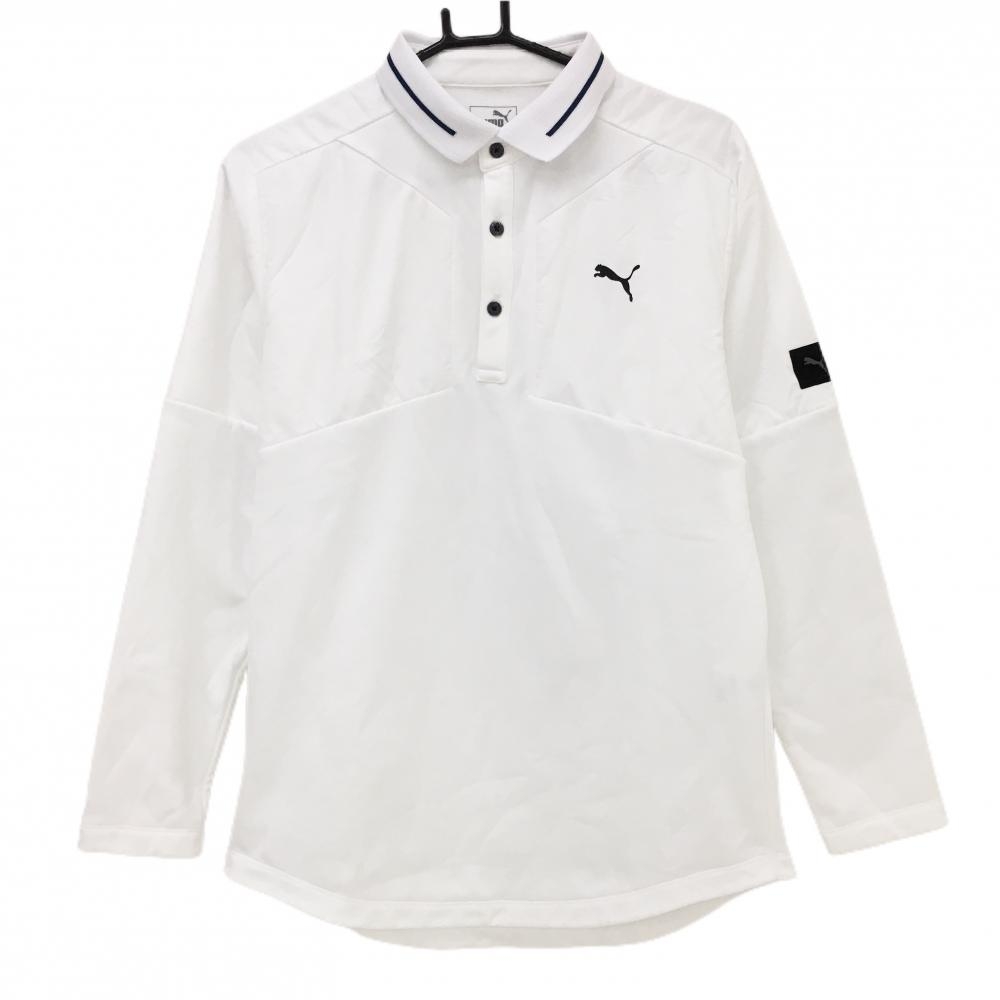 【超美品】プーマ 長袖ポロシャツ 白×ネイビー 胸元異素材切替 裏起毛  メンズ L ゴルフウェア PUMA