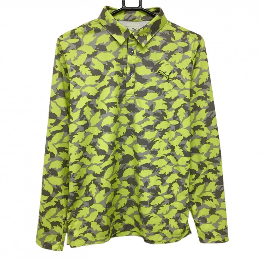 【美品】プーマ 長袖ポロシャツ ライトグリーン×グレー リーフ柄 カモフラ風 ロゴ刺しゅう メンズ L ゴルフウェア PUMA