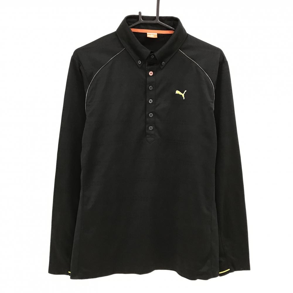 【超美品】プーマ 長袖ポロシャツ 黒×イエローグリーン 総柄 千鳥格子 袖口一部ゴム ボタンダウン メンズ XO(2XL) ゴルフウェア PUMA