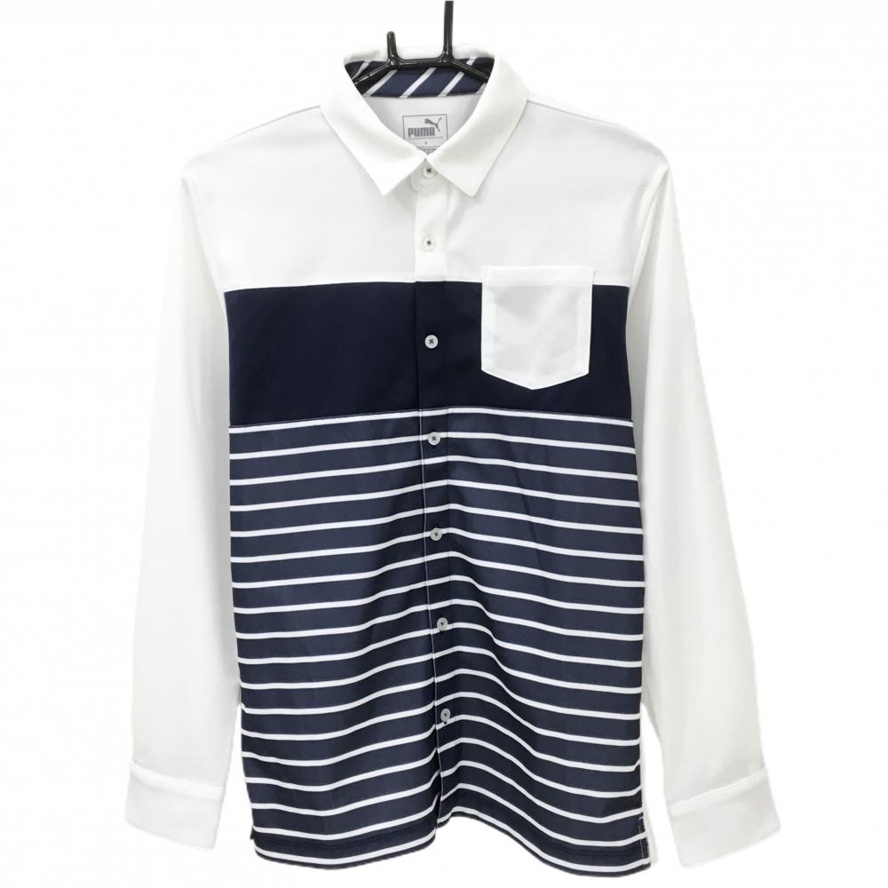 【美品】プーマ 長袖シャツ 白×ネイビー 下部ボーダー 胸ポケット 袖ロゴ メンズ M ゴルフウェア PUMA