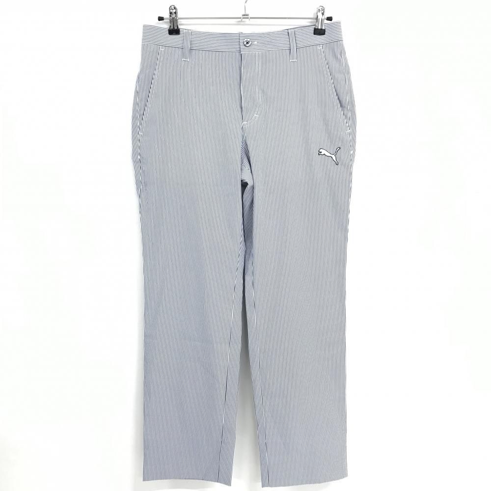 【超美品】プーマ パンツ ネイビー×白 細ストライプ ロゴ刺しゅう メンズ M ゴルフウェア PUMA