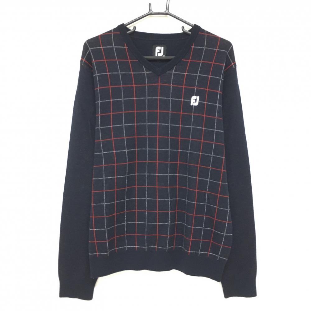 フットジョイ セーター ネイビー×レッド 格子柄 Vネック ニット ウール混 メンズ XL ゴルフウェア FootJoy