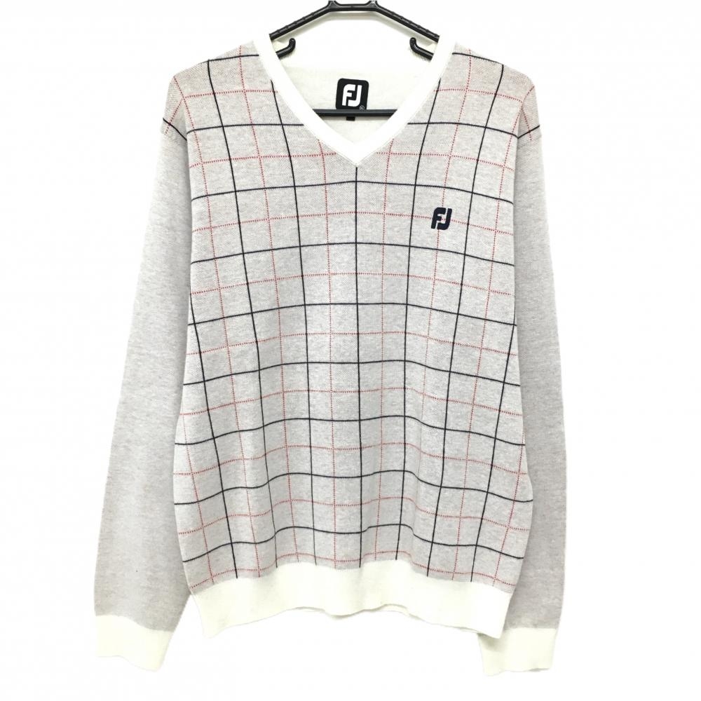 フットジョイ セーター 白×レッド 格子柄 Vネック ニット ウール混 メンズ XL ゴルフウェア FootJoy