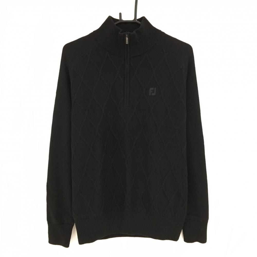 【美品】フットジョイ ハイネックセーター 黒 身頃ダイヤ柄織 裏地付き ニット ウール混 ハーフジップ メンズ M ゴルフウェア FootJoy