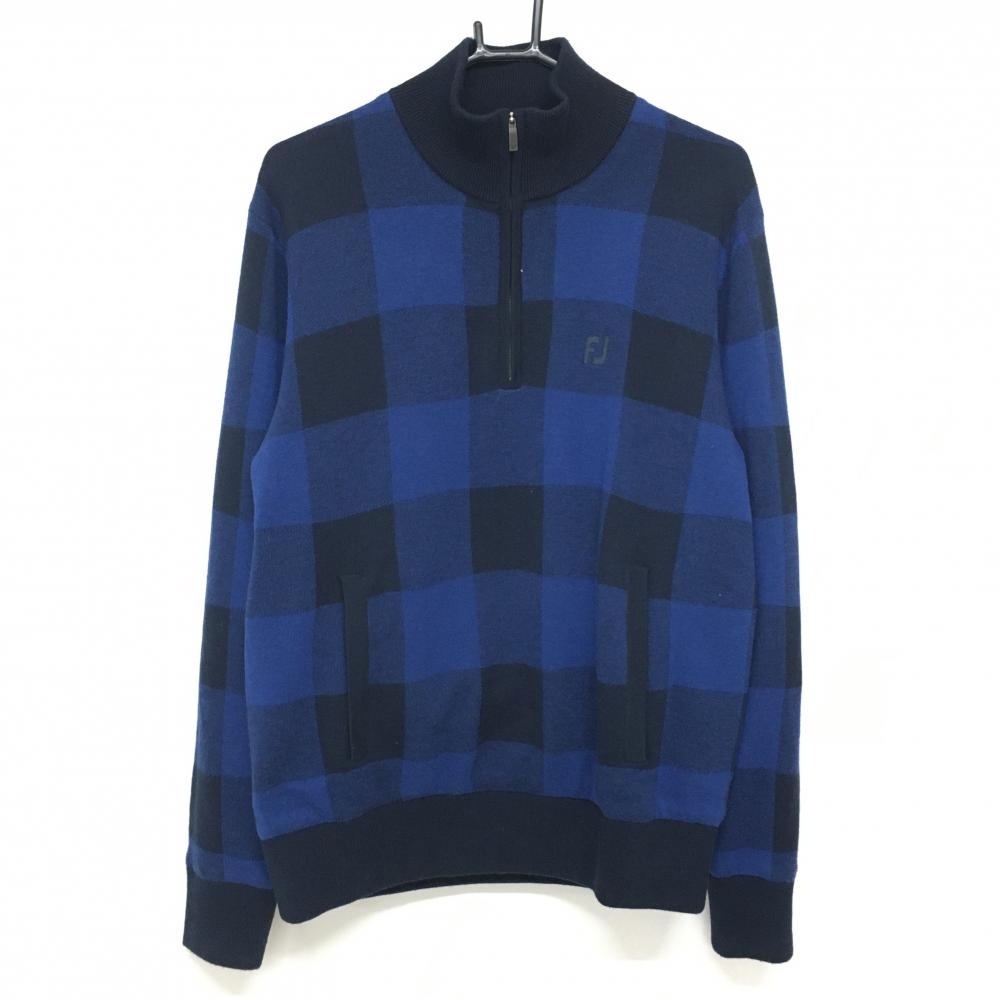 【美品】フットジョイ ハイネックセーター ネイビー×ブルー チェック 裏地付 ハーフジップ ニット  メンズ L ゴルフウェア FootJoy