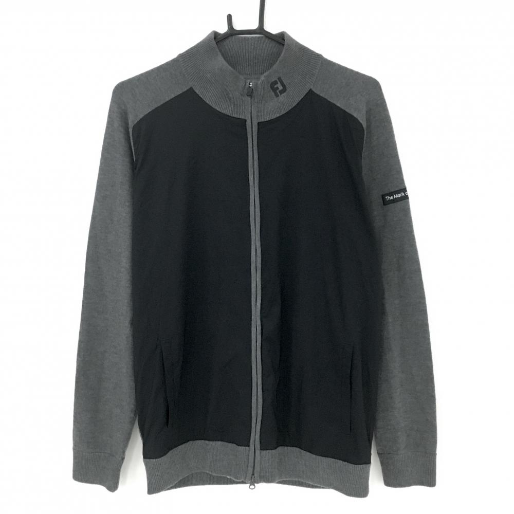 【美品】フットジョイ 異素材ニットジャケット 黒×グレー ウール混 前身頃ナイロン メンズ L ゴルフウェア FootJoy