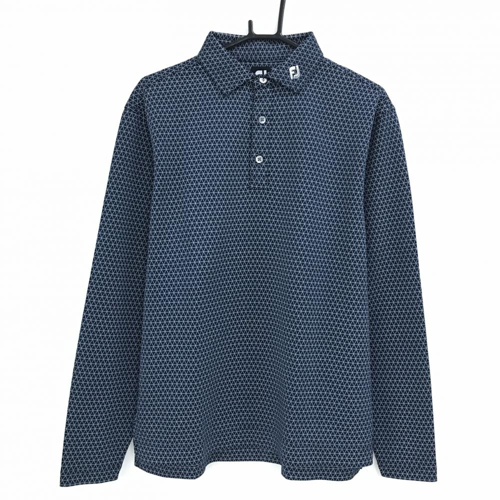 【美品】フットジョイ 長袖ポロシャツ ネイビー×ライトグレー 総柄 襟ロゴ メンズ XL ゴルフウェア FootJoy