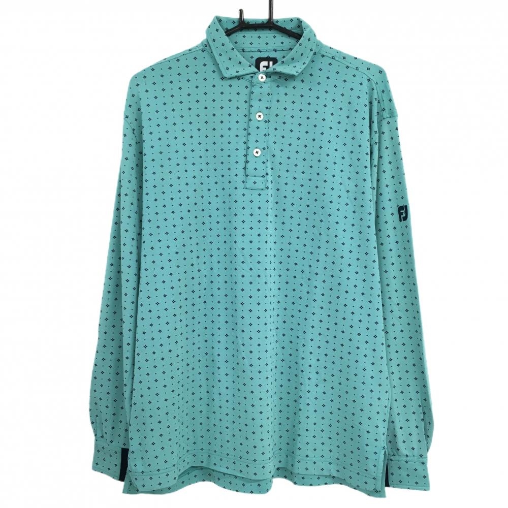 【美品】フットジョイ 長袖ポロシャツ ブルーグリーン×ネイビー 総柄 袖ロゴ刺しゅう メンズ XL ゴルフウェア FootJoy