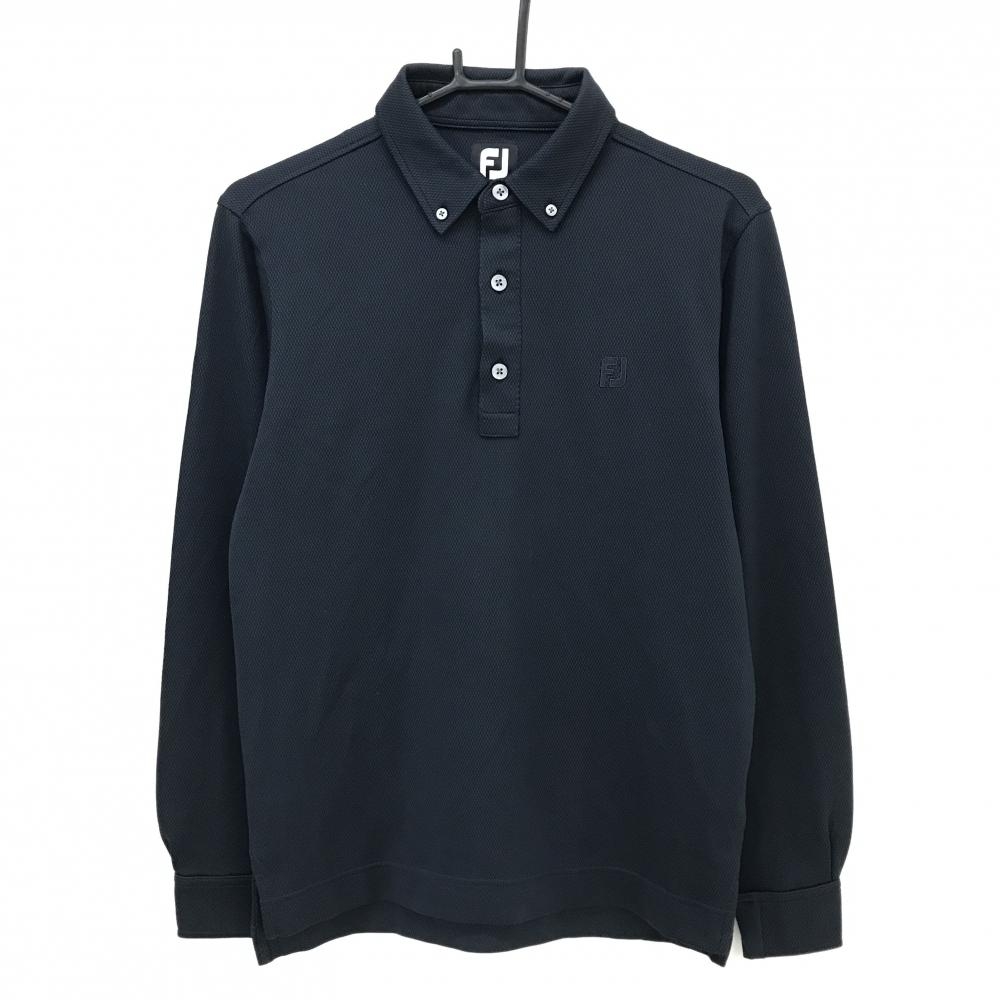 【美品】フットジョイ 長袖ポロシャツ ネイビー 地模様 ロゴ刺しゅう ボタンダウン  メンズ M ゴルフウェア FootJoy