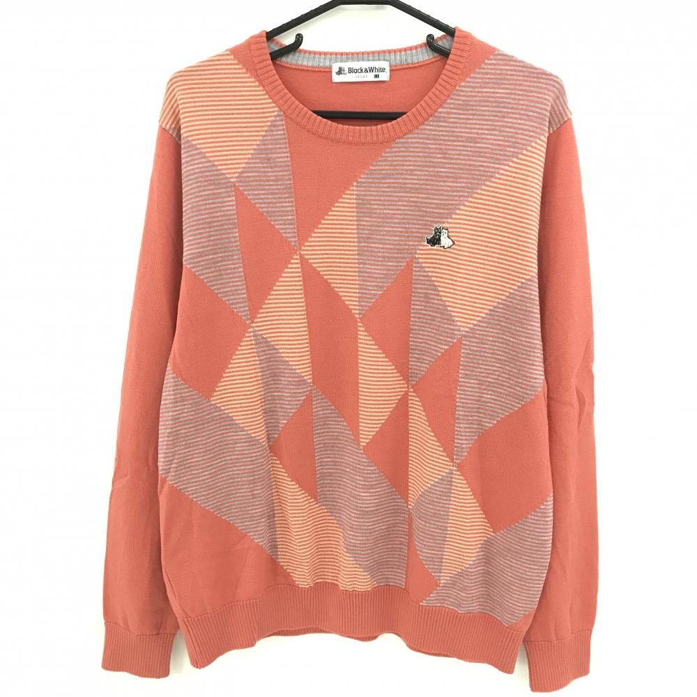 【美品】ブラックアンドホワイト セーター ピンク×グレー 身頃ボーダー調 ロゴ刺しゅう  メンズ LL ゴルフウェア Black＆White