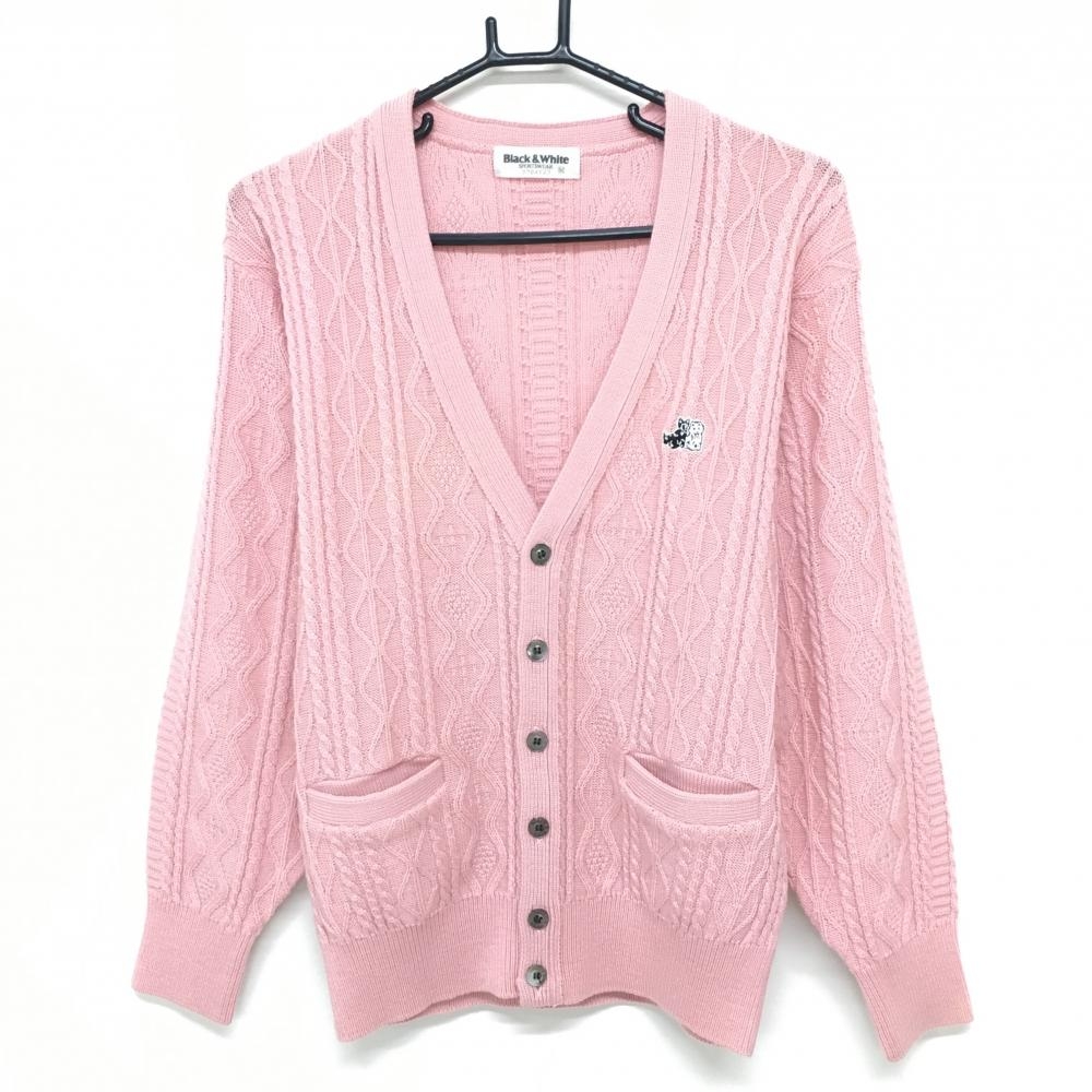 【美品】ブラックアンドホワイト カーディガン ライトピンク 総柄 ウール100％ ニット  メンズ M ゴルフウェア Black＆White