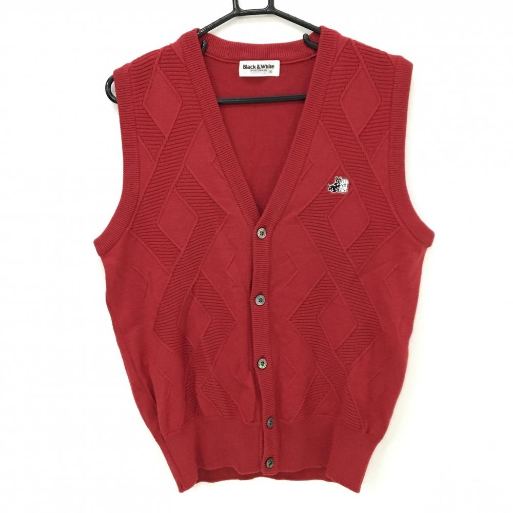 【超美品】ブラックアンドホワイト ニットベスト ダークレッド ウール100% 前面ケーブル編み 前ボタン メンズ M ゴルフウェア Black＆White