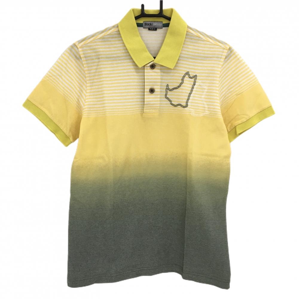 【美品】ブラックアンドホワイト 半袖ポロシャツ イエロー×白 上部ボーダー グラデーション  メンズ L ゴルフウェア Black＆White 画像