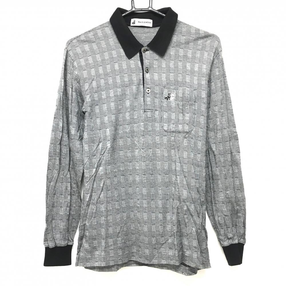 ブラックアンドホワイト 長袖ポロシャツ 黒×白 グレンチェック テリア刺しゅう  メンズ M ゴルフウェア Black＆White