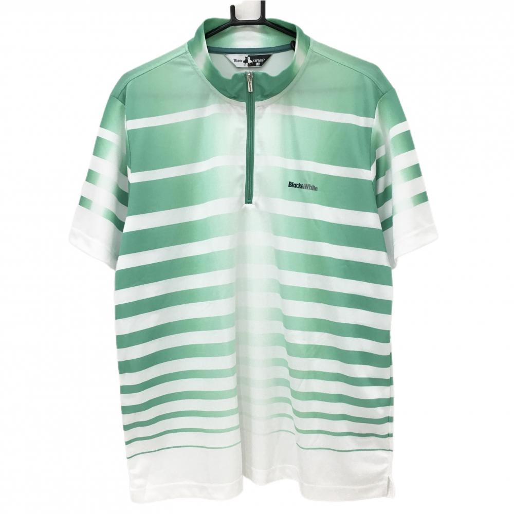 【超美品】ブラックアンドホワイト 半袖ハイネックシャツ グリーン×白 ボーダー グラデーション  メンズ LL ゴルフウェア Black＆White