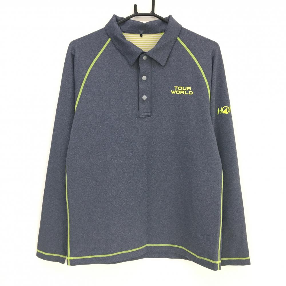 【超美品】ホンマ 長袖ポロシャツ 杢ネイビー×イエロー スナップボタン 内側ボーダー  メンズ L ゴルフウェア HONMA