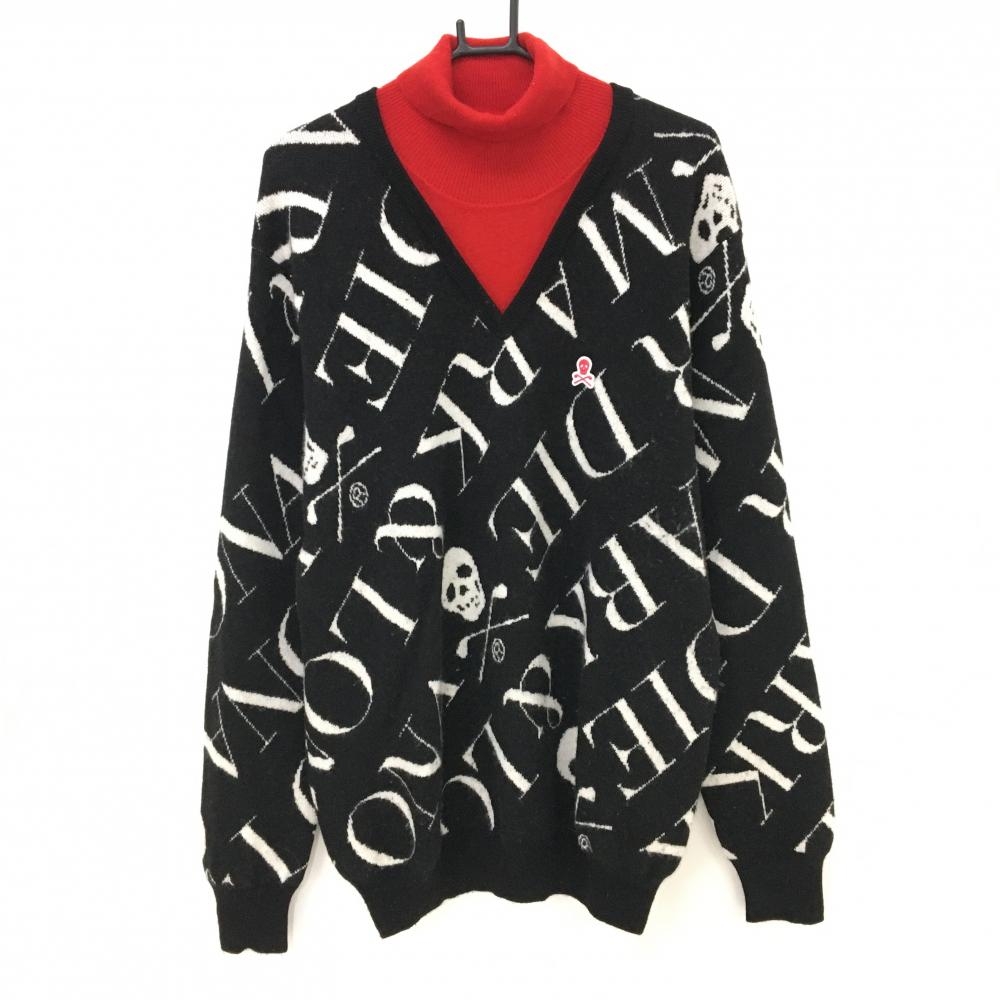 マークアンドロナ タートルネックセーター 黒×白 ロゴ総柄 カシミヤ100％ ニット  メンズ 50(XL) ゴルフウェア 2023年モデル MARK＆LONA