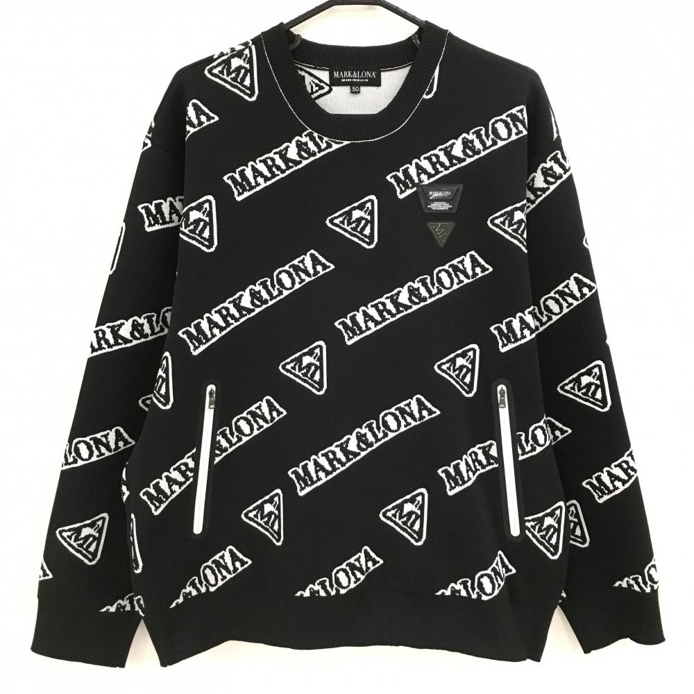 【超美品】マークアンドロナ セーター 黒×白 ロゴ総柄 ニット メンズ 50(XL) ゴルフウェア 2024年モデル MARK＆LONA