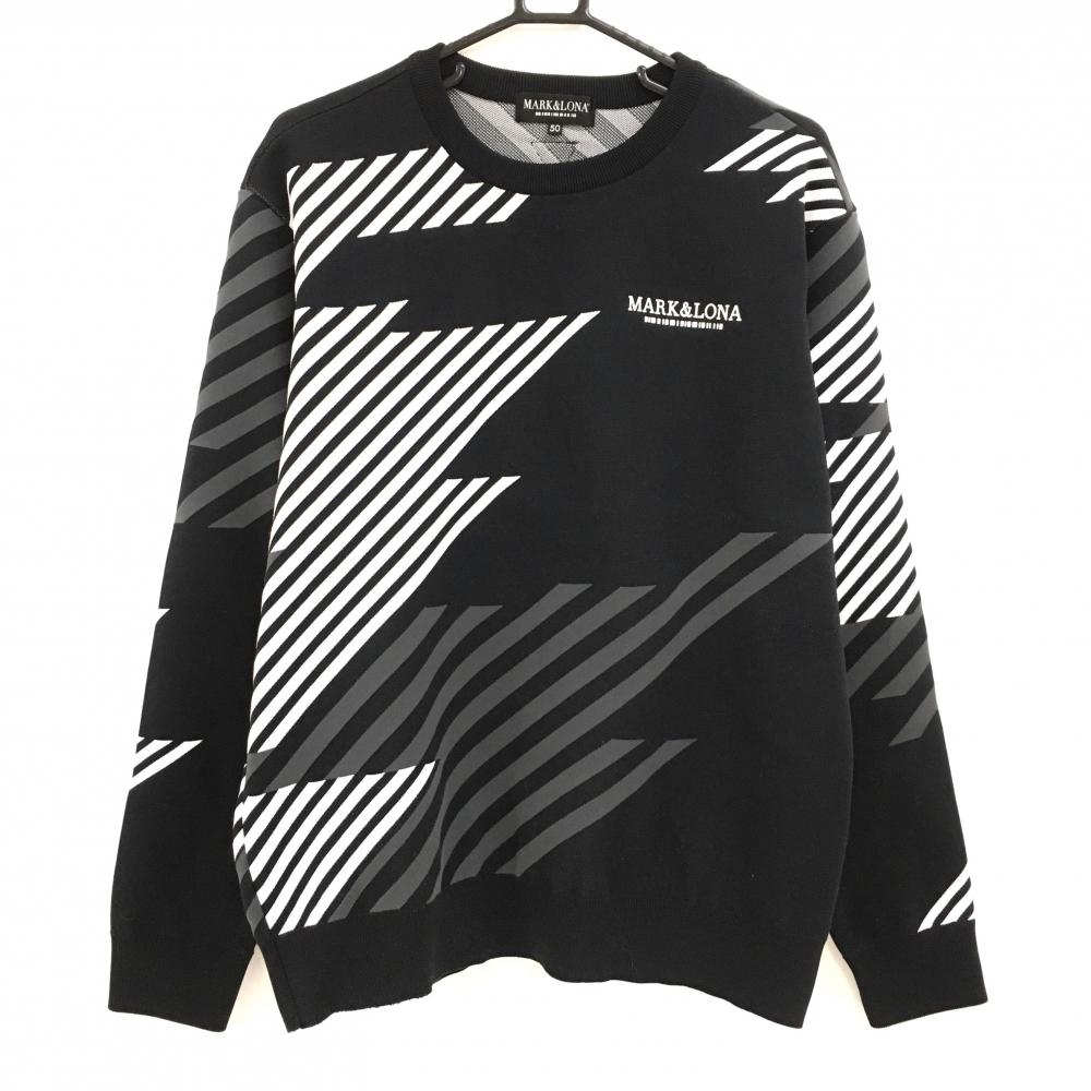 【美品】マークアンドロナ セーター 黒×白 斜めストライプ ニット  メンズ 50(XL) ゴルフウェア MARK＆LONA