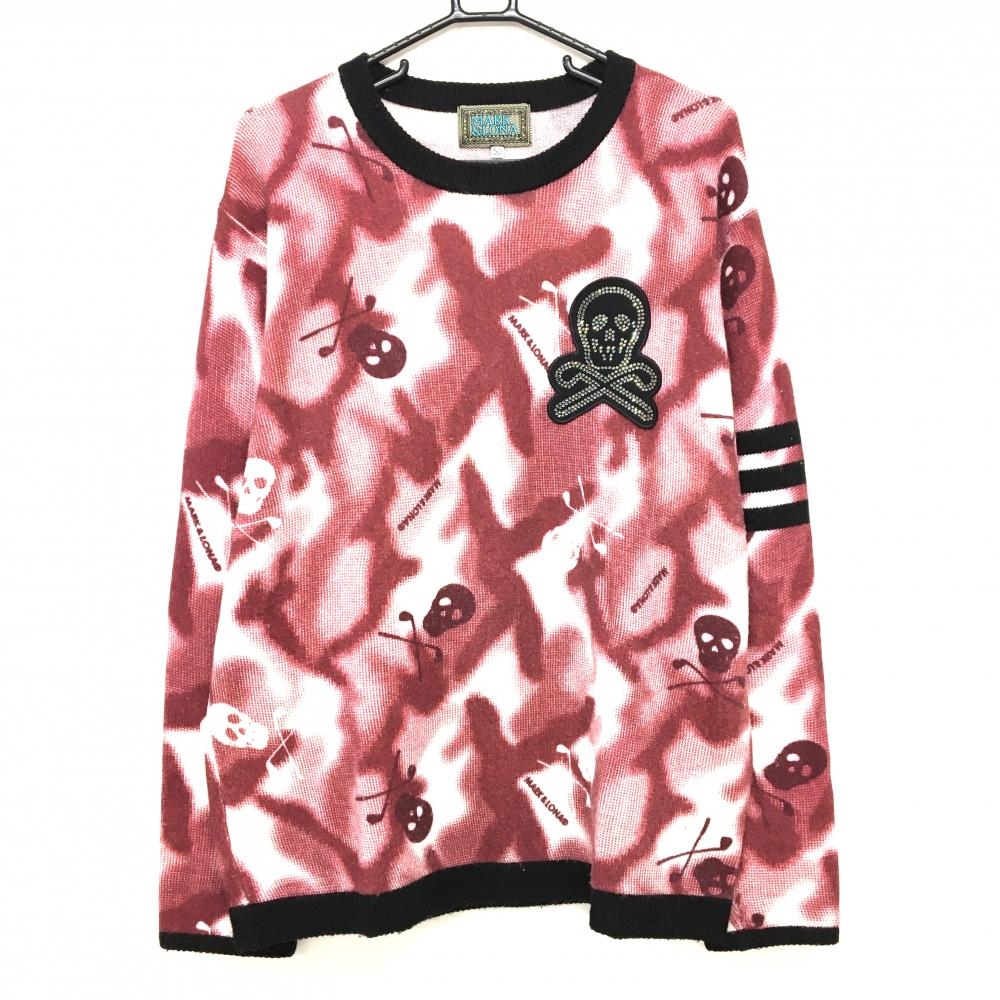 【美品】マークアンドロナ セーター ボルドー×白 総柄 スカル柄 カシミヤ100％ メンズ 50(XL) ゴルフウェア 2024年モデル MARK＆LONA