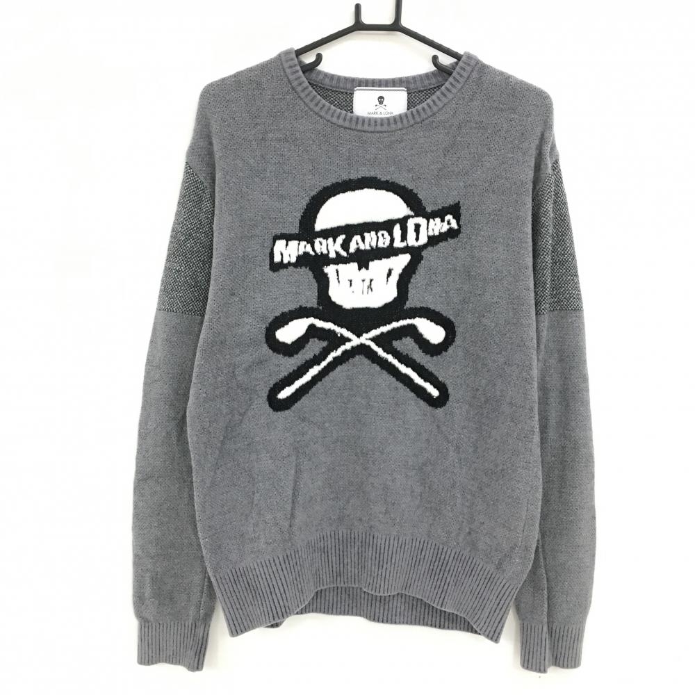 【美品】マークアンドロナ セーター グレー×白 ニット 凹凸スカル  メンズ 48(M) ゴルフウェア MARK＆LONA