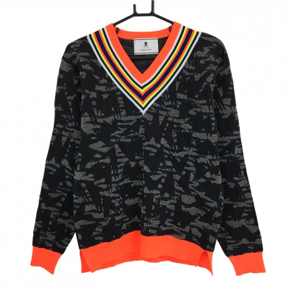 【美品】マークアンドロナ セーター 黒×グレー 総柄編み ニット ラメ糸 Vネック  メンズ M ゴルフウェア MARK＆LONA