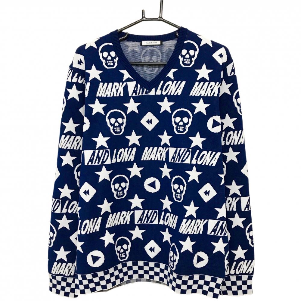 【超美品】マークアンドロナ セーター ネイビー×白 総柄 スカル 星 ニット メンズ 50(XL) ゴルフウェア MARK＆LONA