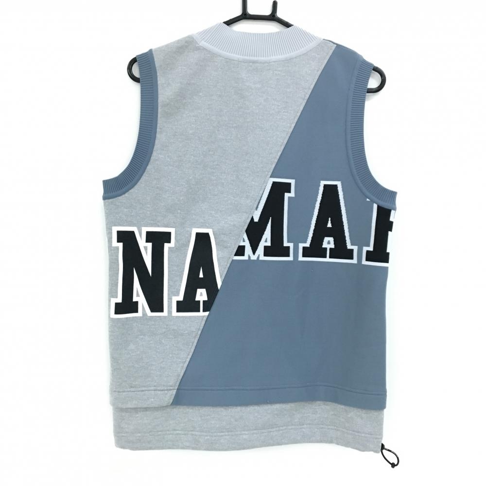 マークアンドロナ ベスト L ベージュ Vネックニット スカル スワロフスキー マークアンドロナ 異素材ニットベスト グレー系×黒×蛍光オレンジ