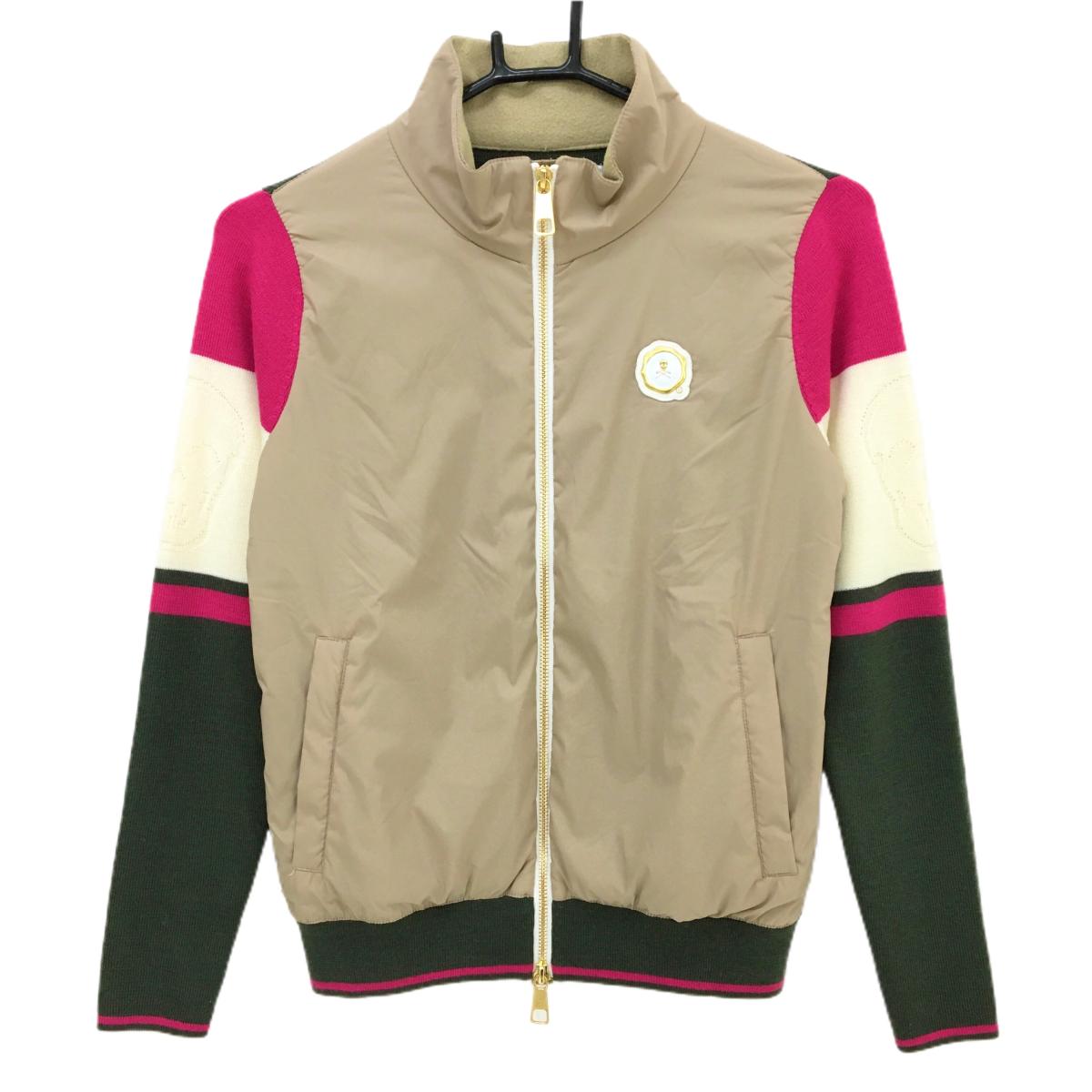 【美品】マークアンドロナ 切替ニットブルゾン ベージュ×カーキ 袖スカル ウール混 　 メンズ M ゴルフウェア MARK＆LONA