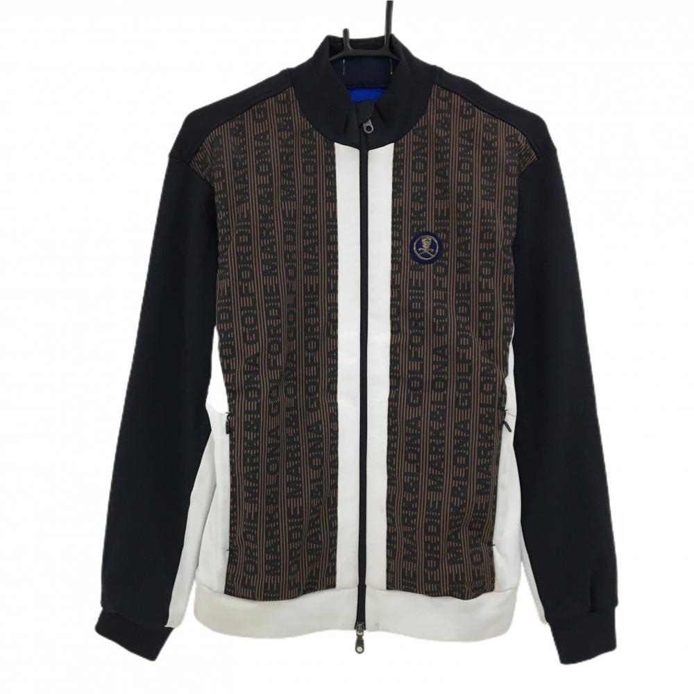 マークアンドロナ 異素材ジャケット ブラウン×黒×白 前身頃ストライプ×英字総柄 裏起毛 メンズ 46(M) ゴルフウェア MARK＆LONA