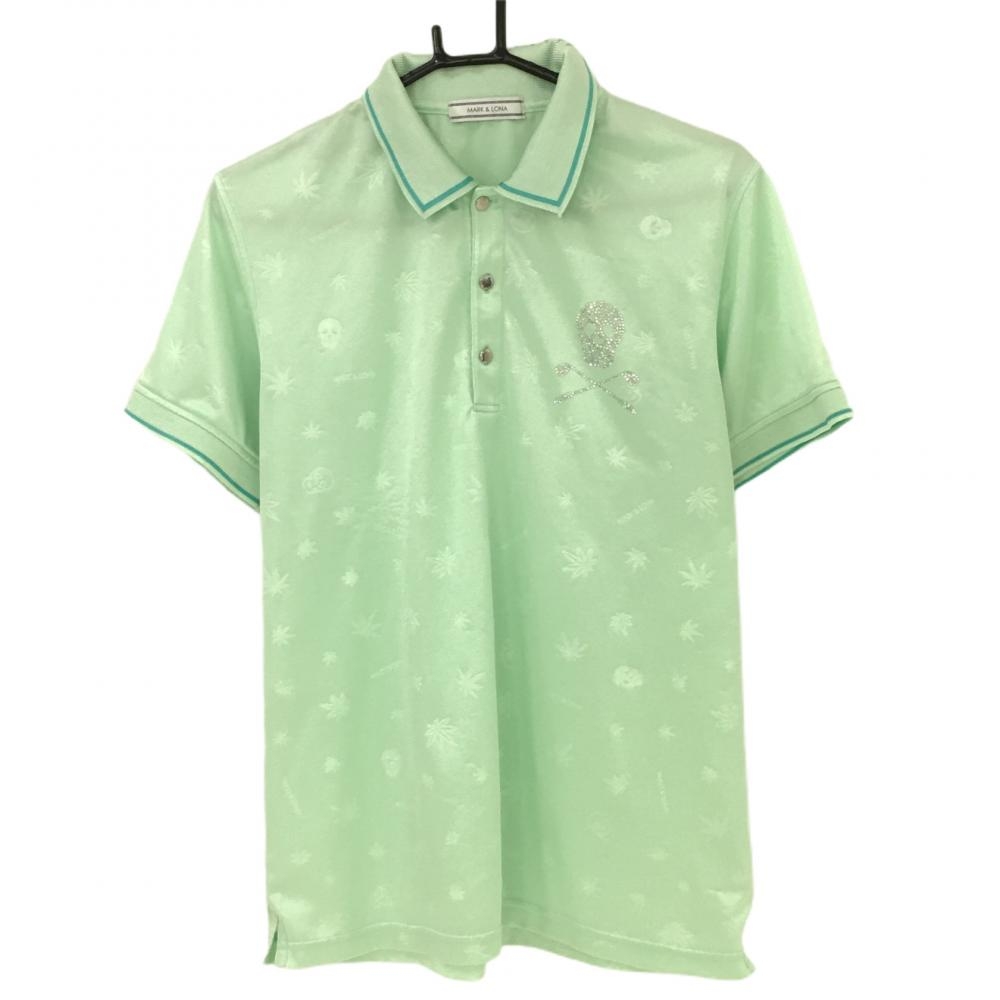 マークアンドロナ 半袖ポロシャツ ライトグリーン リース柄織生地 スカル  メンズ L ゴルフウェア MARK＆LONA 画像