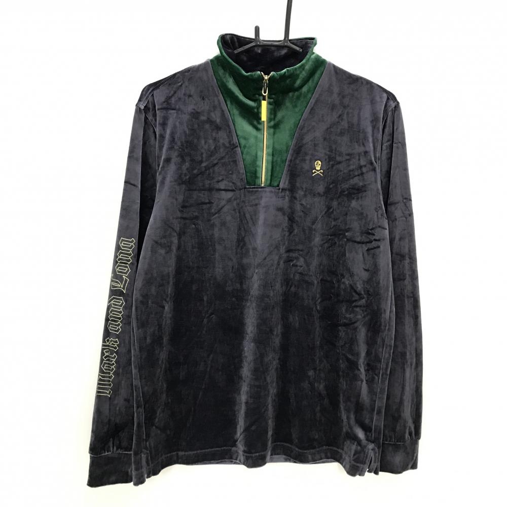 【美品】マークアンドロナ 長袖ハイネックシャツ グレー×グリーン ベロア調 ハーフジップ  メンズ 48(L) ゴルフウェア MARK＆LONA