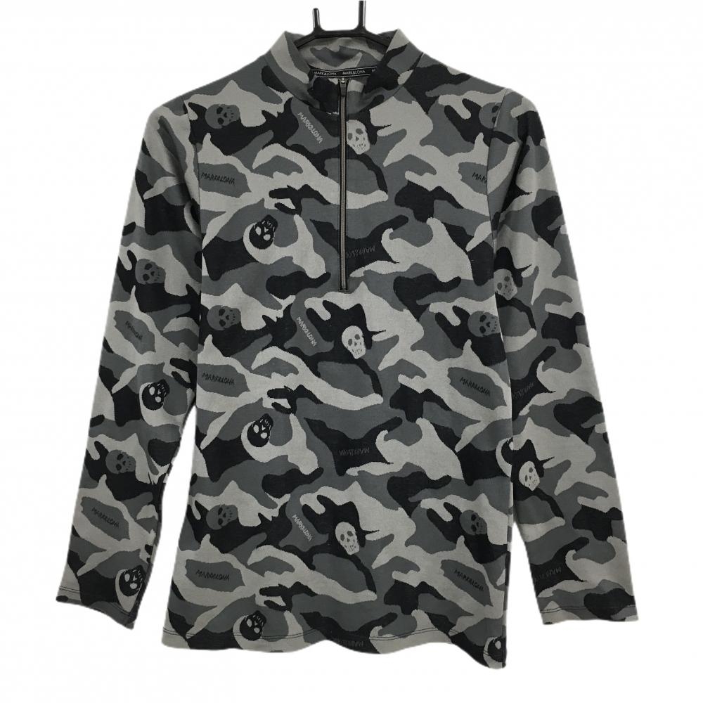 マークアンドロナ 長袖ハイネックシャツ 黒×グレー カモフラ柄 迷彩 スカル ハーフジップ メンズ M ゴルフウェア MARK＆LONA