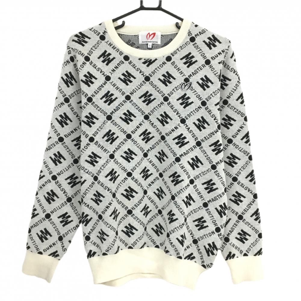 【美品】マスターバニー セーター 白×黒 ロゴ総柄 ウール混 ニット メンズ 5(L) ゴルフウェア MASTER BUNNY EDITION