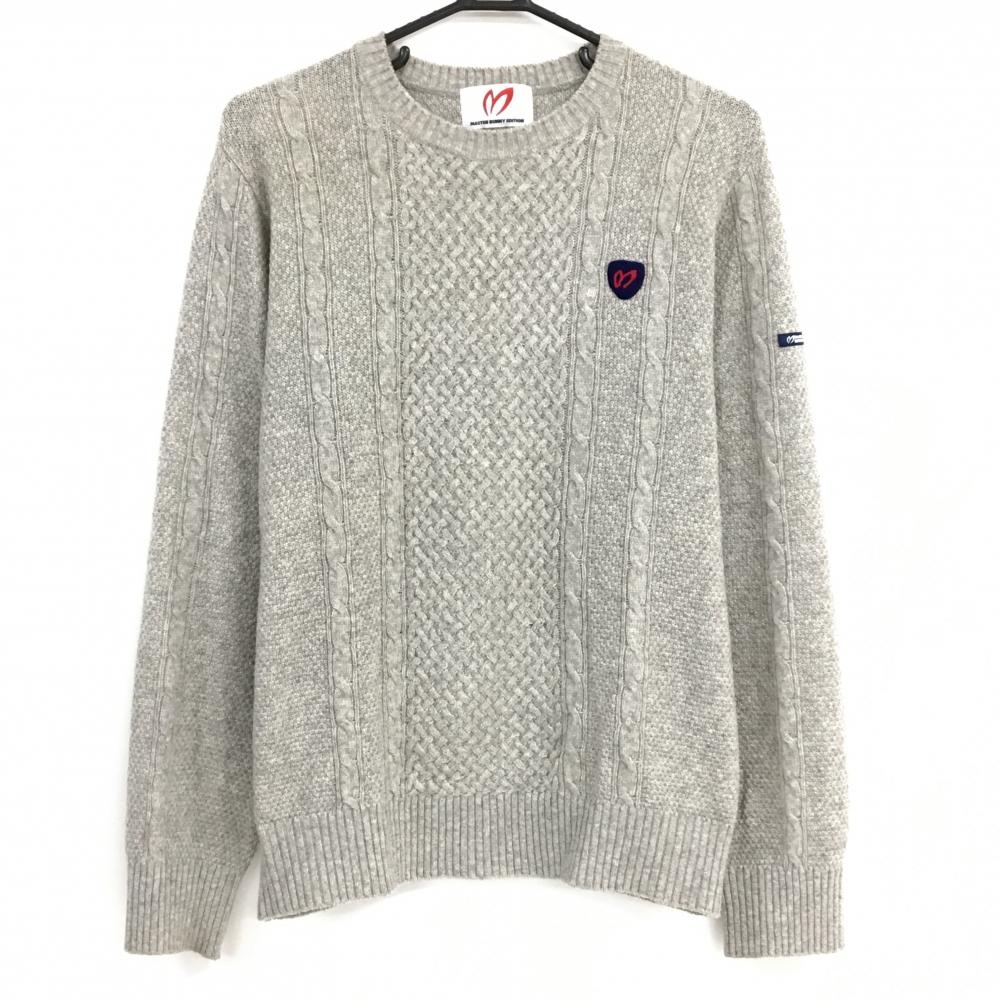 【美品】マスターバニー セーター 杢グレー ケーブル編み ウール100% ニット  メンズ 5(L) ゴルフウェア MASTER BUNNY EDITION
