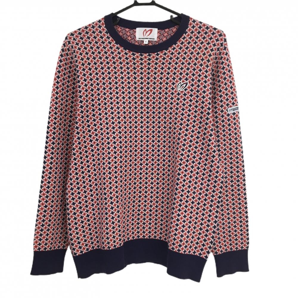 【美品】マスターバニー セーター ネイビー×レッド 総柄 ニット メンズ 5(L) ゴルフウェア MASTER BUNNY EDITION