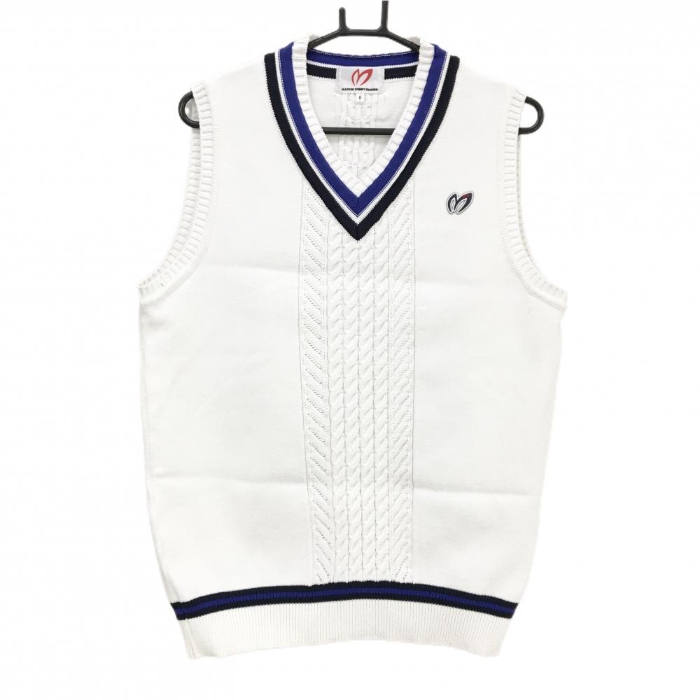 【美品】マスターバニー ニットベスト 白×ブルー 一部ケーブル編み Vネック メンズ 6(XL) ゴルフウェア MASTER BUNNY EDITION
