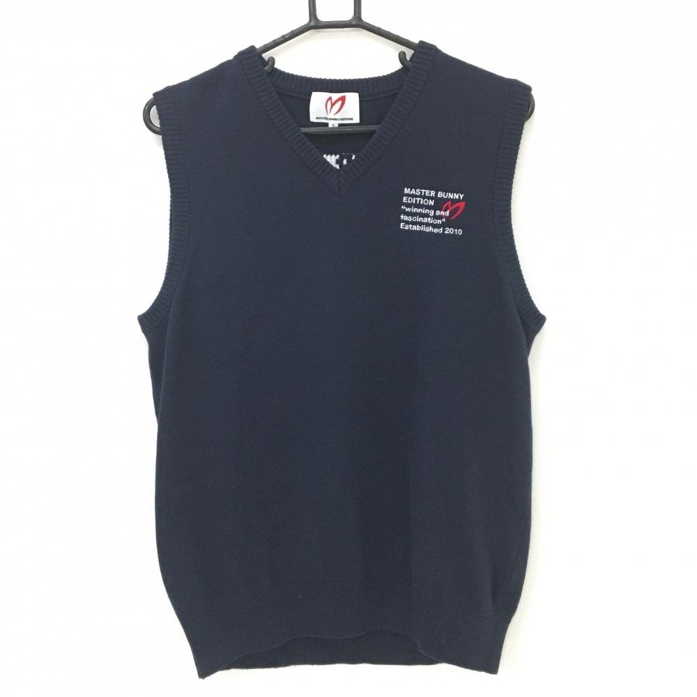 【美品】マスターバニー ニットベスト ネイビー バックロゴ コットン・カシミヤ メンズ 5(L) ゴルフウェア MASTER BUNNY EDITION