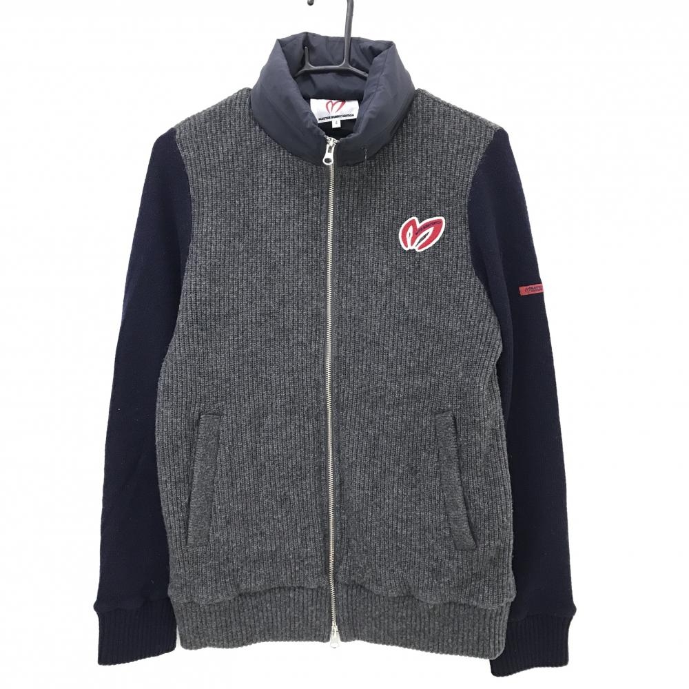 【美品】マスターバニー ニットジャケット 杢グレー×ネイビー ネック異素材 ウール混 メンズ 4(M) ゴルフウェア MASTER BUNNY EDITION