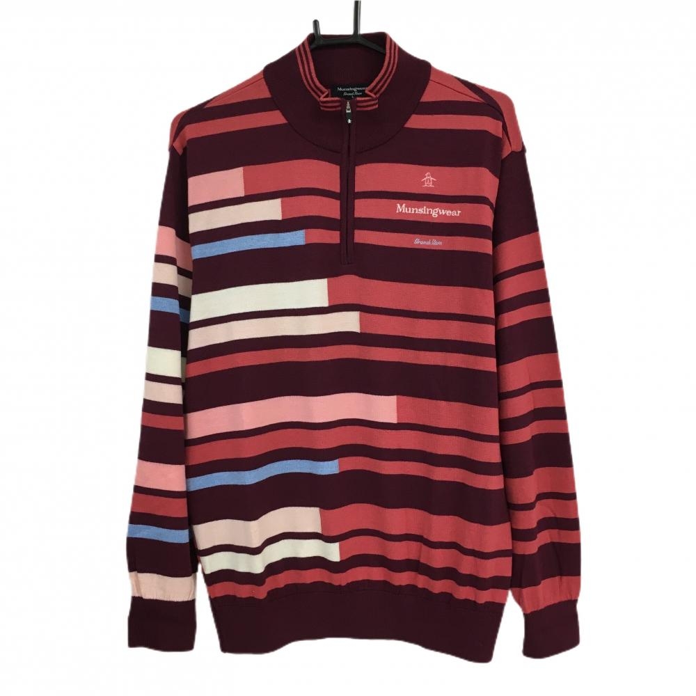 【超美品】マンシングウェア ハイネックセーター ボルドー×ピンクレッド 総柄 ハーフジップ メンズ L ゴルフウェア Munsingwear