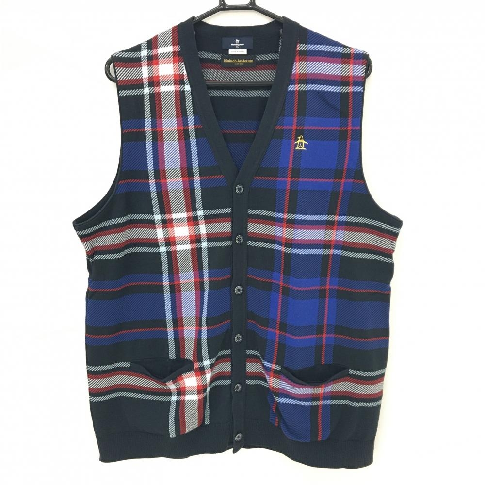 【美品】マンシングウェア ニットベスト 黒×ブルー系×レッド チェック メンズ 3L ゴルフウェア Munsingwear