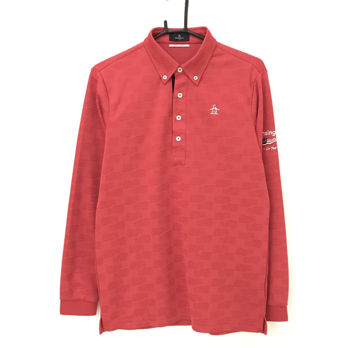 【美品】マンシングウェア 長袖ポロシャツ レッド 地模様 ロゴ刺しゅう ボタンダウン 日本製 メンズ L ゴルフウェア Munsingwear