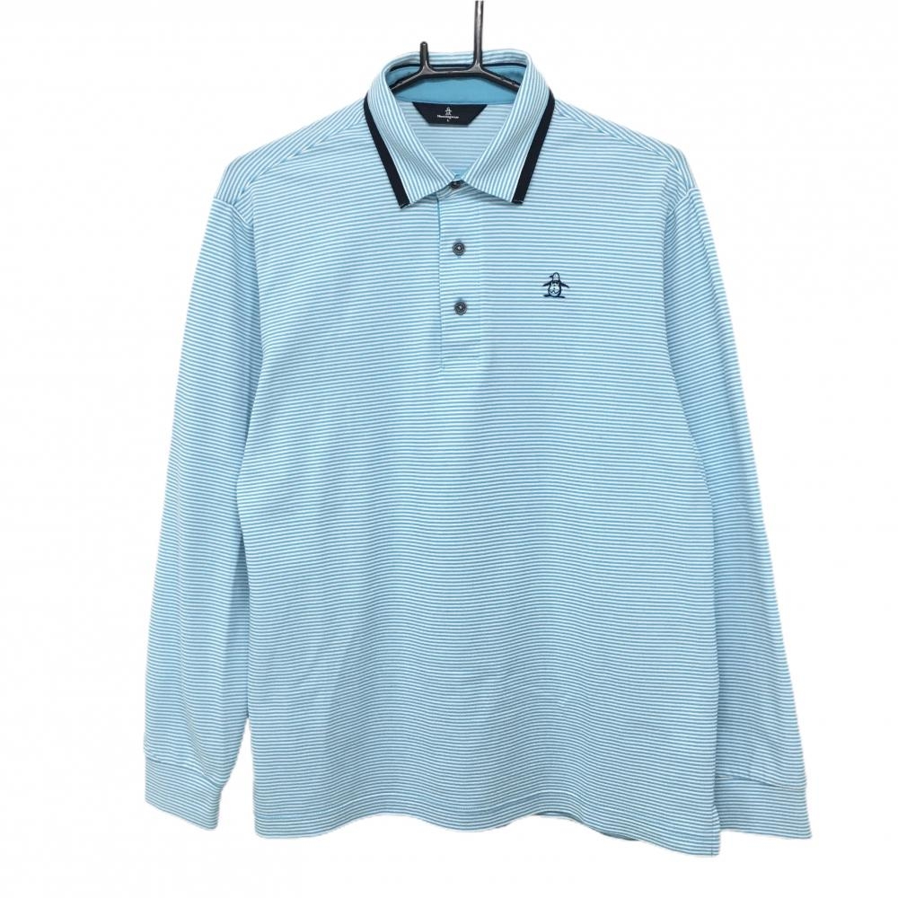 【超美品】マンシングウェア 長袖ポロシャツ ライトブルー×白 ボーダー ロゴ刺しゅう メンズ L ゴルフウェア Munsingwear