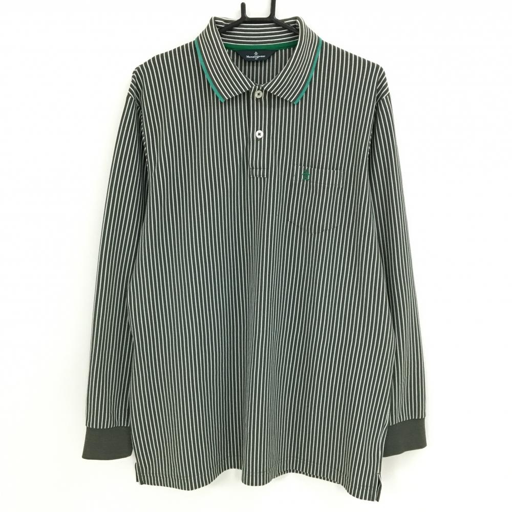 【美品】マンシングウェア 長袖ポロシャツ カーキ×白 ストライプ 胸ポケット  メンズ 3L ゴルフウェア 大きいサイズ Munsingwear