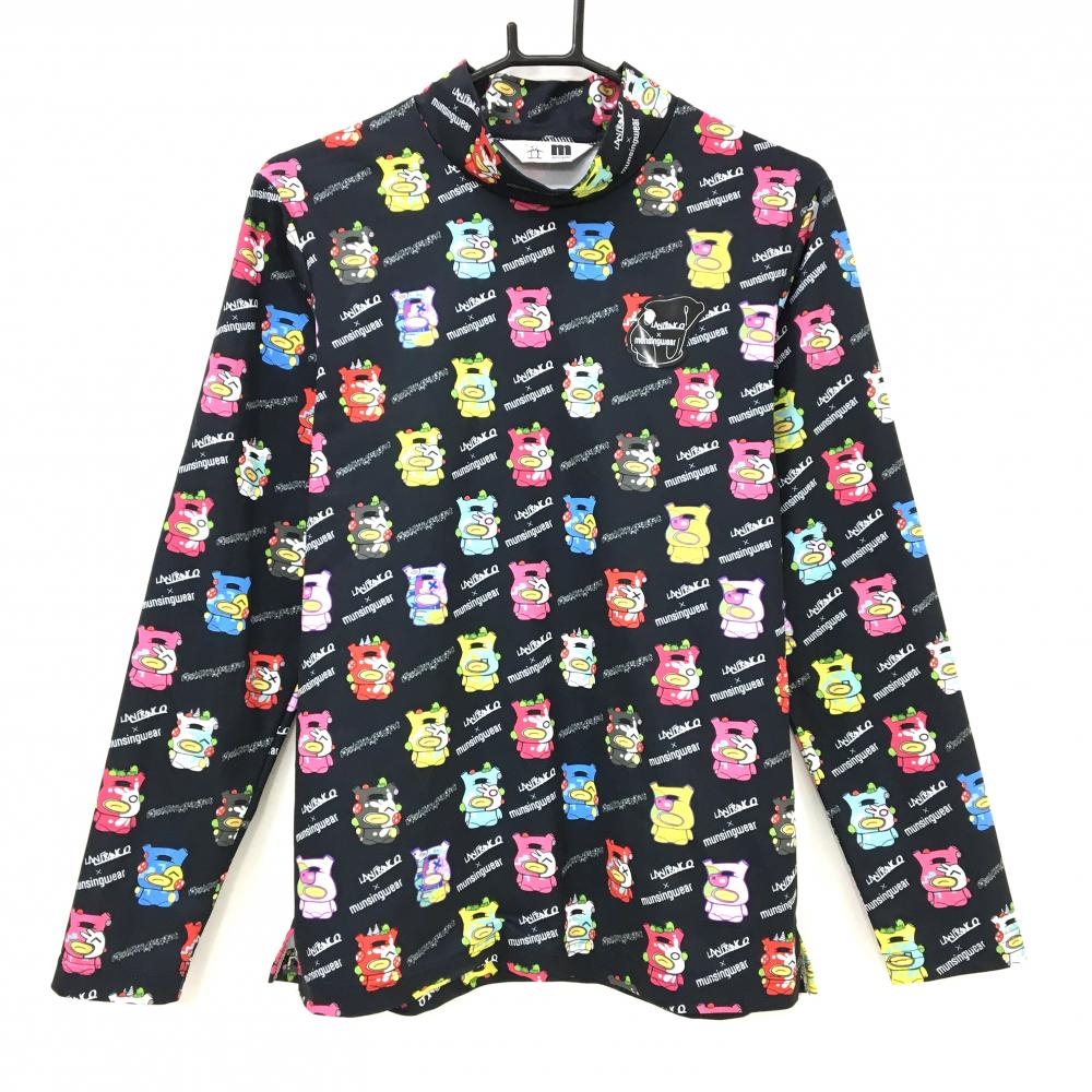 【超美品】マンシングウェア×ラファエル・ランフランコ 長袖ハイネックシャツ 黒×マルチカラー 総柄  メンズ M ゴルフウェア Munsingwear