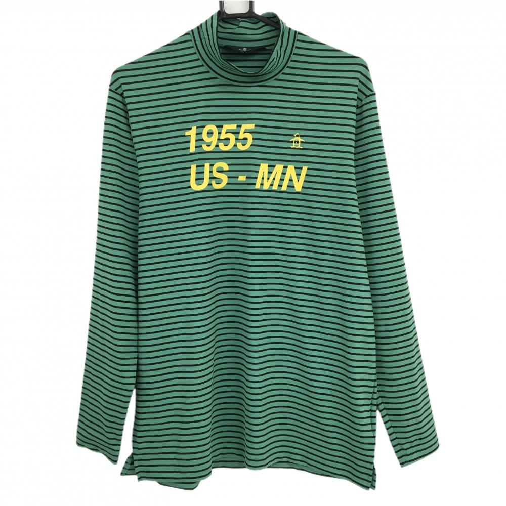 【超美品】マンシングウェア 長袖ハイネックシャツ グリーン×黒 ボーダー ロゴ メンズ L ゴルフウェア Munsingwear