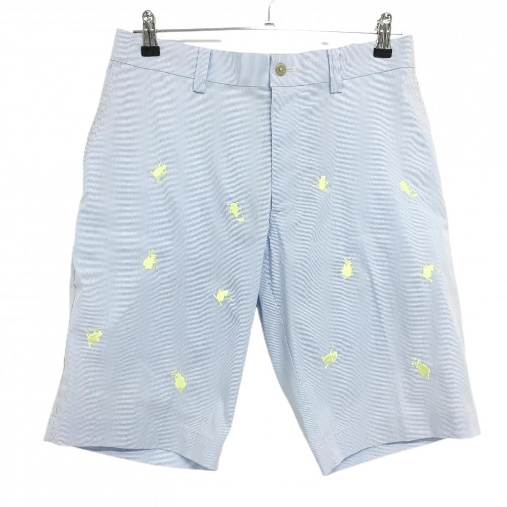 マンシングウェア ハーフパンツ ライトブルー×白 細ストライプ ペンギン刺しゅうイエロー メンズ M ゴルフウェア Munsingwear