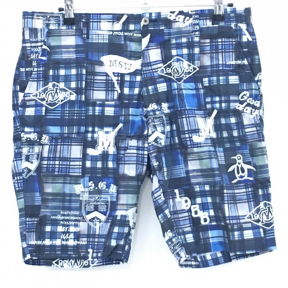 【美品】マンシングウェア ハーフパンツ ネイビー系×白 チェック 総柄 ストレッチ メンズ 86 ゴルフウェア Munsingwear