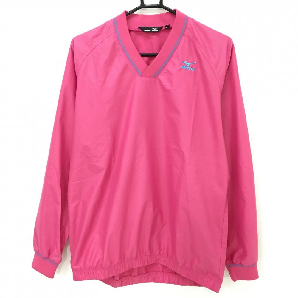 【超美品】ミズノゴルフ スニード ピンク×ライトブルー ロゴ刺しゅう ネック・袖口ライン メンズ L ゴルフウェア MIZUNO