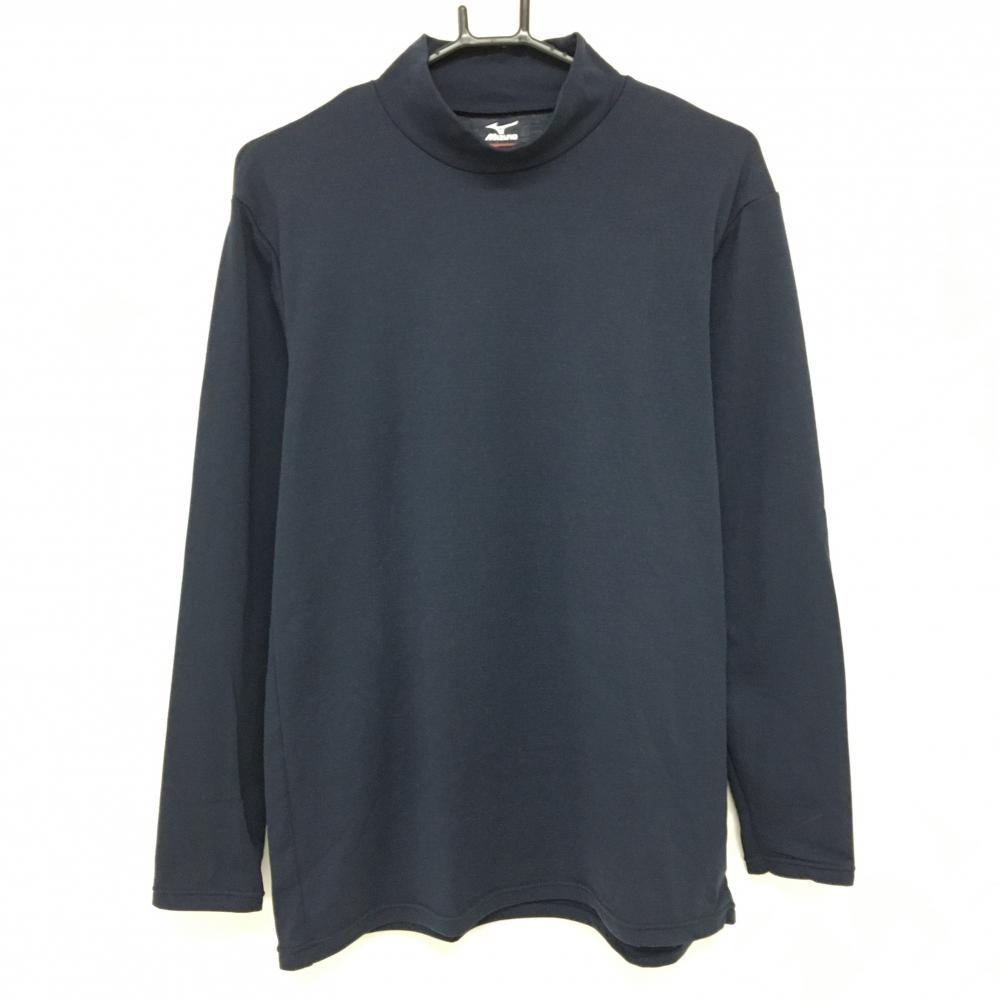 【美品】ミズノ 長袖ハイネックシャツ ネイビー ブレスサーモ ストレッチ 繊維付着 メンズ LL ゴルフウェア MIZUNO